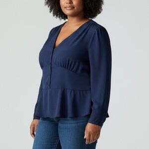 Eloquii Pintuck V Neck Button Peplum Long Sleeve Navy Blue Blouse Size 16